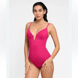 Popilush Shapewear Plunging V Slimming One-Piece Swimsuit Large Pink V-Neck